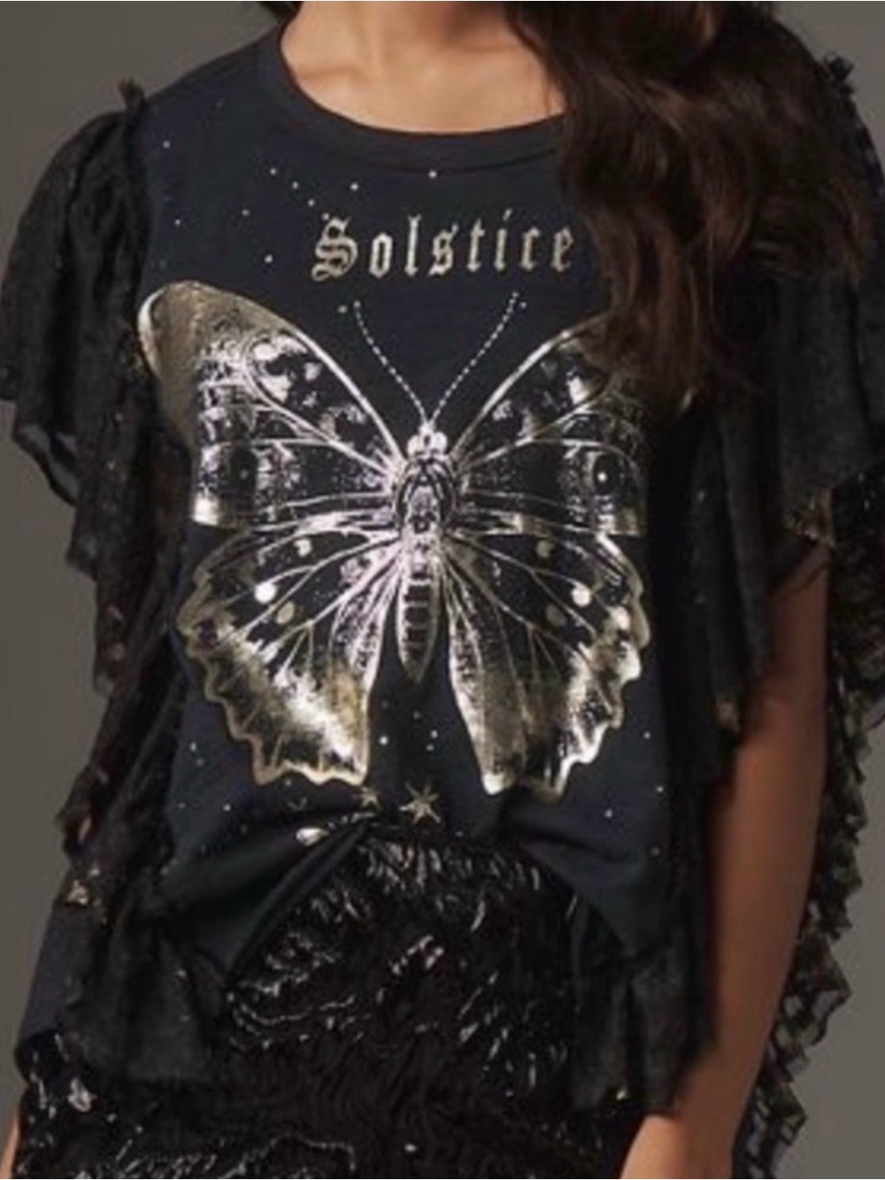 Pilcro | Black Graphic Solstice Ruffle Tee, L